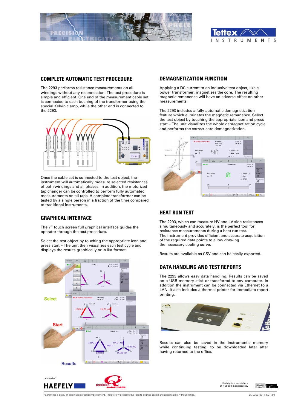 Complete automatic test procedure, Graphical interface, Demagnetization function | Heat run test, Data handling and test reports | Atec Tettex-2293 User Manual | Page 2 / 4