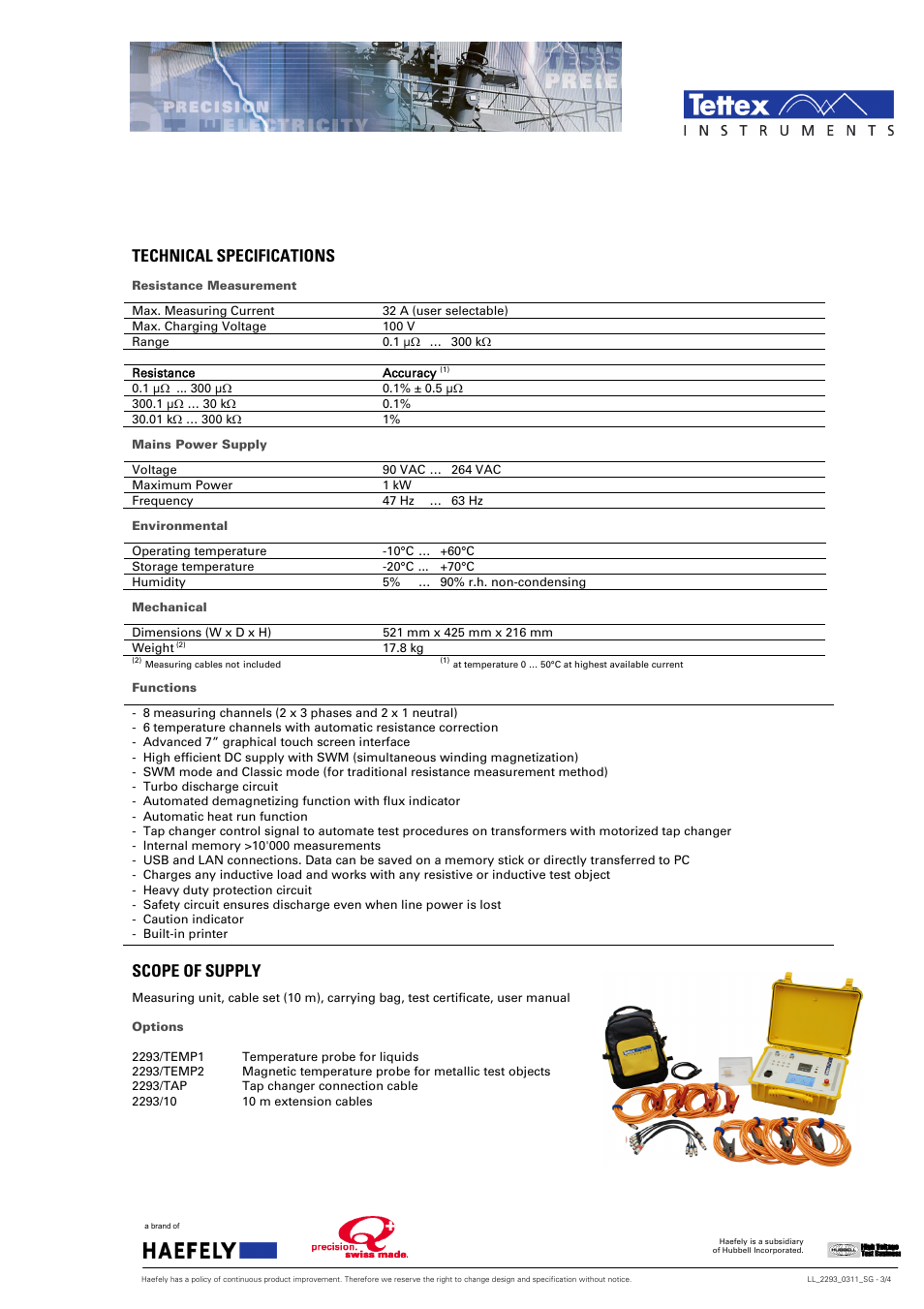 Resistance measurement, Mains power supply, Environmental | Mechanical, Functions, Technical specifications, Scope of supply | Atec Tettex-2293 User Manual | Page 3 / 4