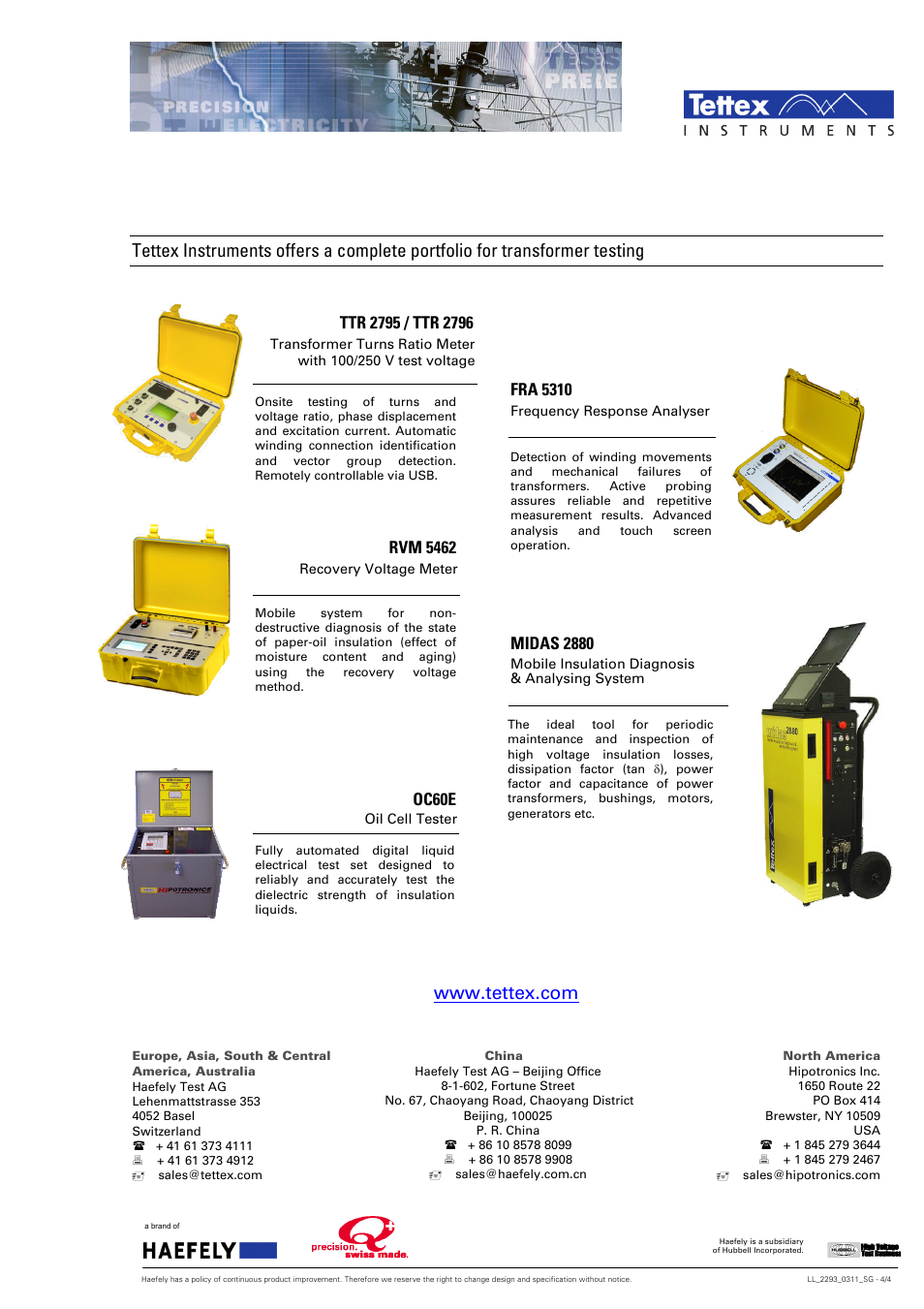 Www.tettex.com, Haefely test ag, Hipotronics inc | Fra 5310, Rvm 5462, Midas 2880, Oc60e | Atec Tettex-2293 User Manual | Page 4 / 4