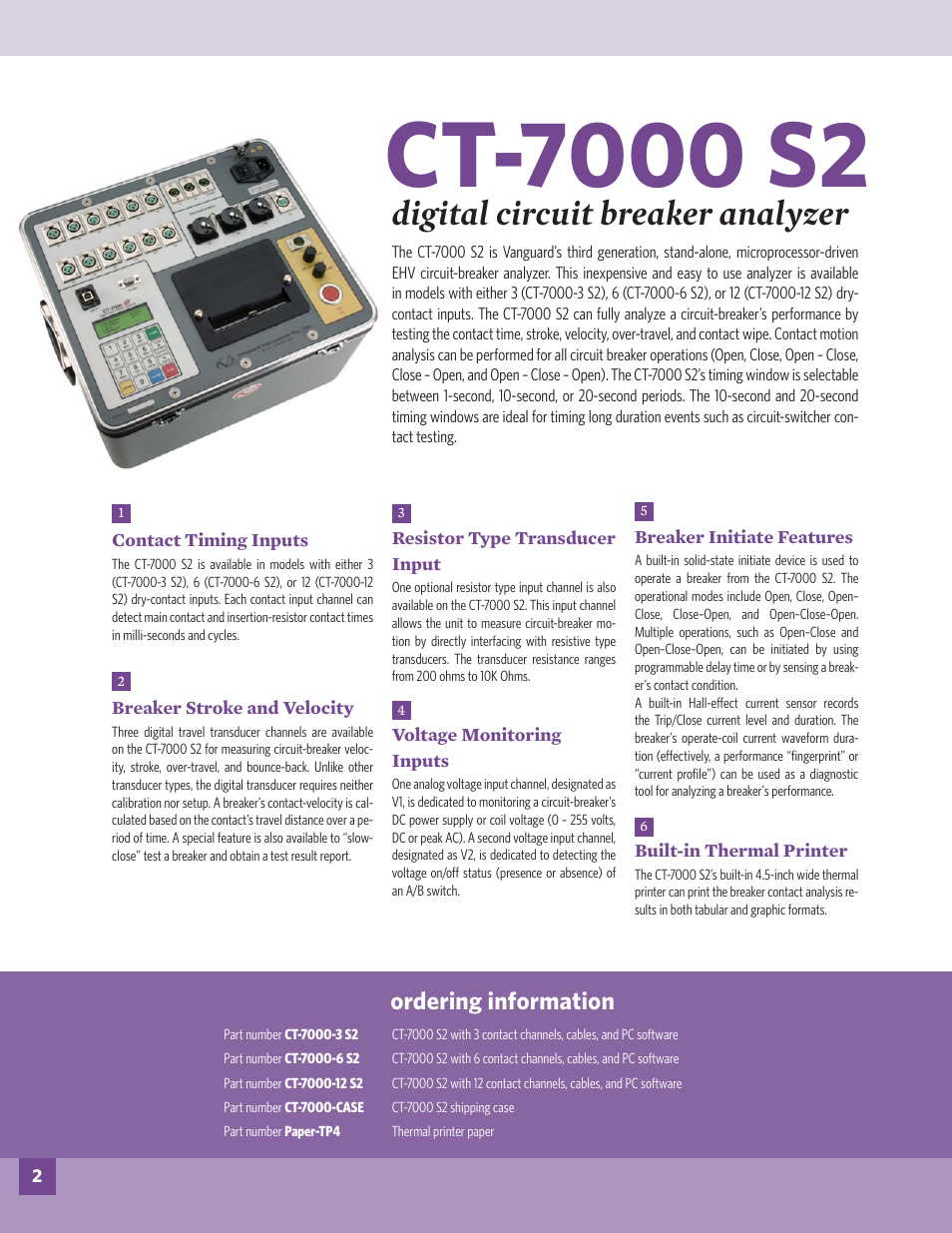 Digital circuit breaker analyzer, Ordering information | Atec Vanguard-CT-7000 User Manual | Page 2 / 8