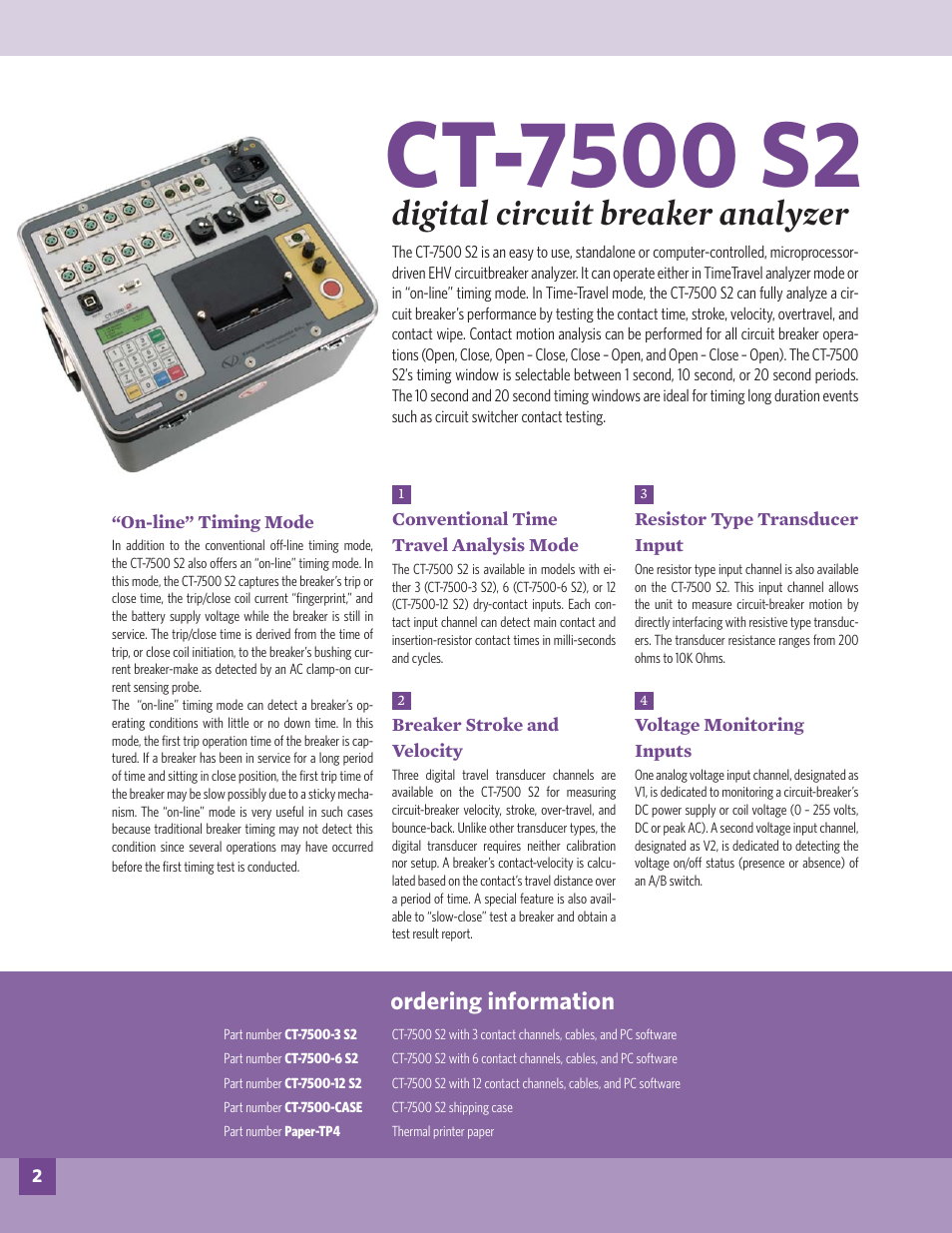 Digital circuit breaker analyzer, Ordering information | Atec Vanguard-CT7500 User Manual | Page 2 / 8