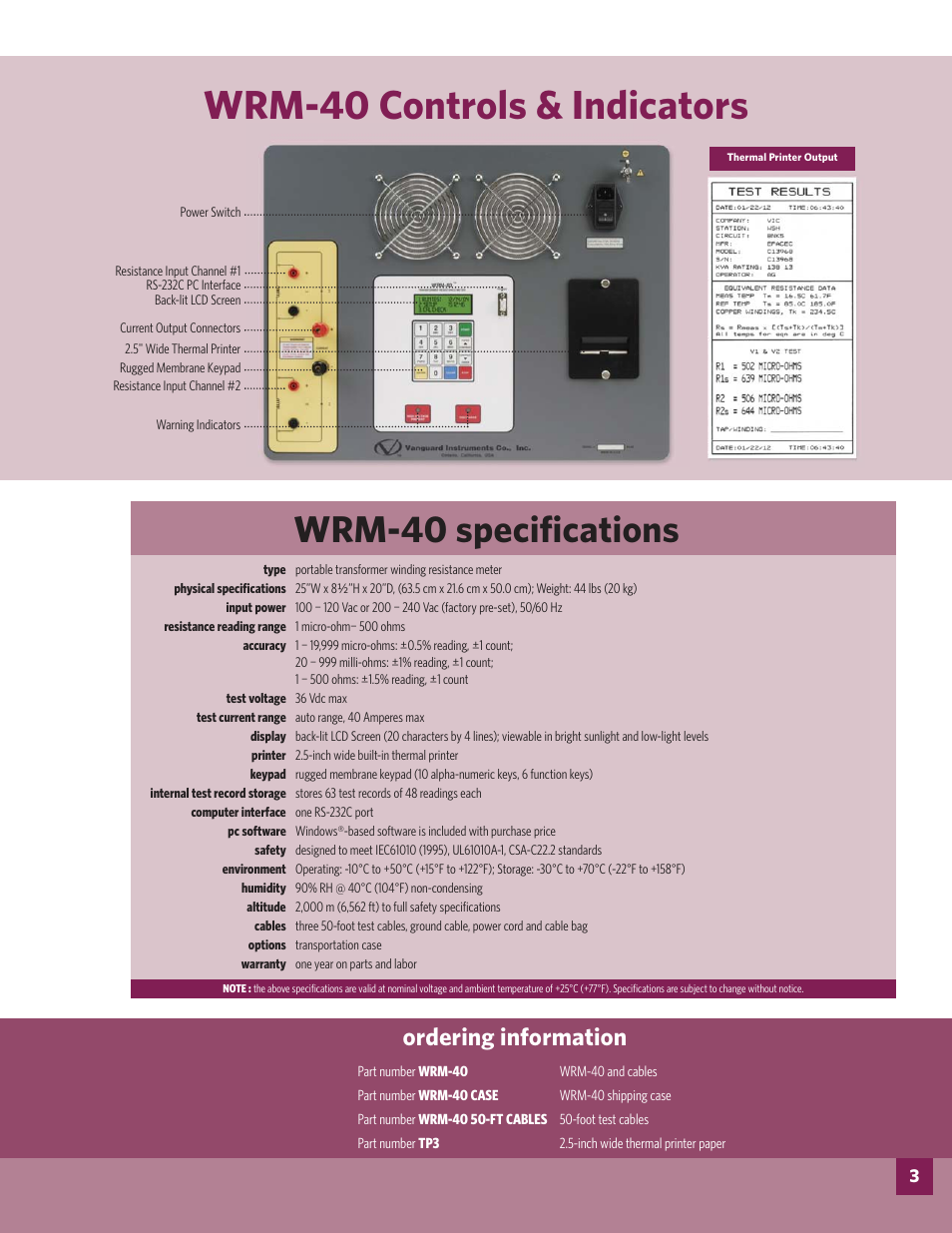 Wrm-40 controls & indicators, Wrm-40 specifi cations, Ordering information | Atec Vanguard_WRM-40 User Manual | Page 3 / 4