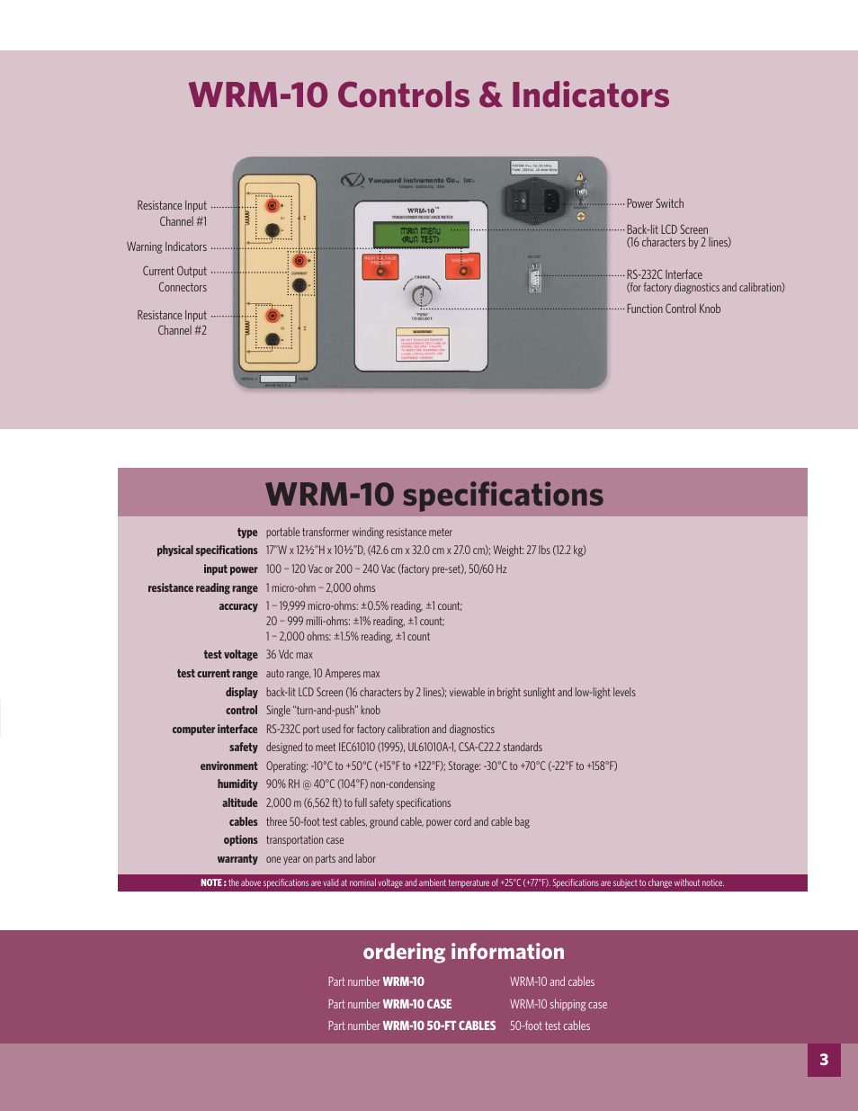 Wrm-10 controls & indicators, Wrm-10 specifi cations, Ordering information | Atec Vanguard_WRM-10 User Manual | Page 3 / 4