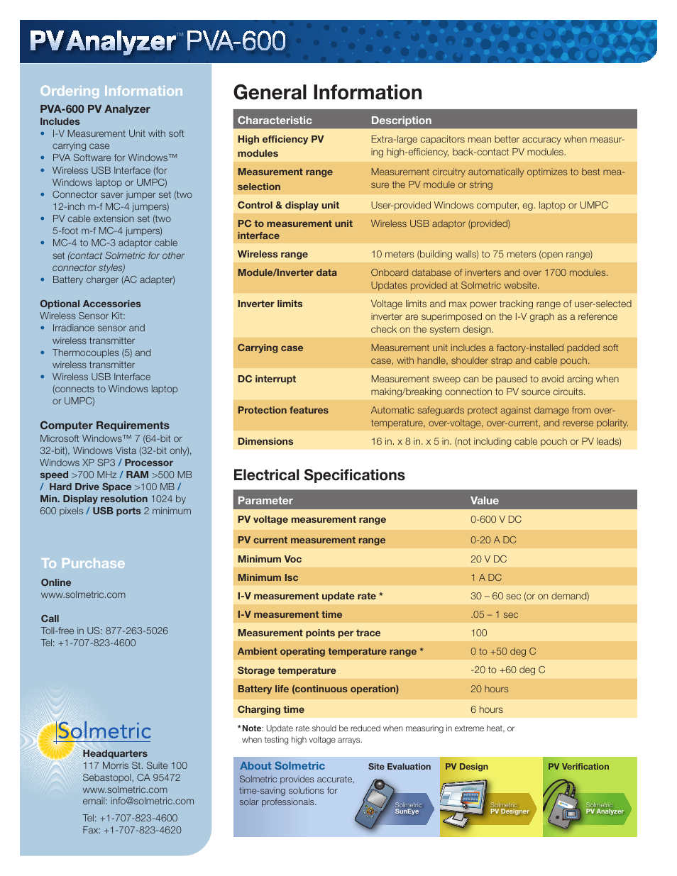 General information, Electrical specifications, Ordering information | Atec Solmetric-PVA-600 User Manual | Page 4 / 4