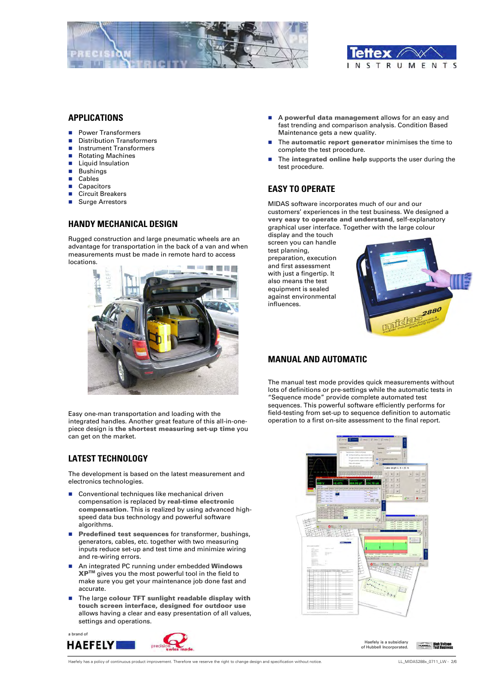 Applications, Handy mechanical design, Latest technology | Easy to operate, Manual and automatic | Atec Tettex-MIDAS-288x Series User Manual | Page 2 / 6