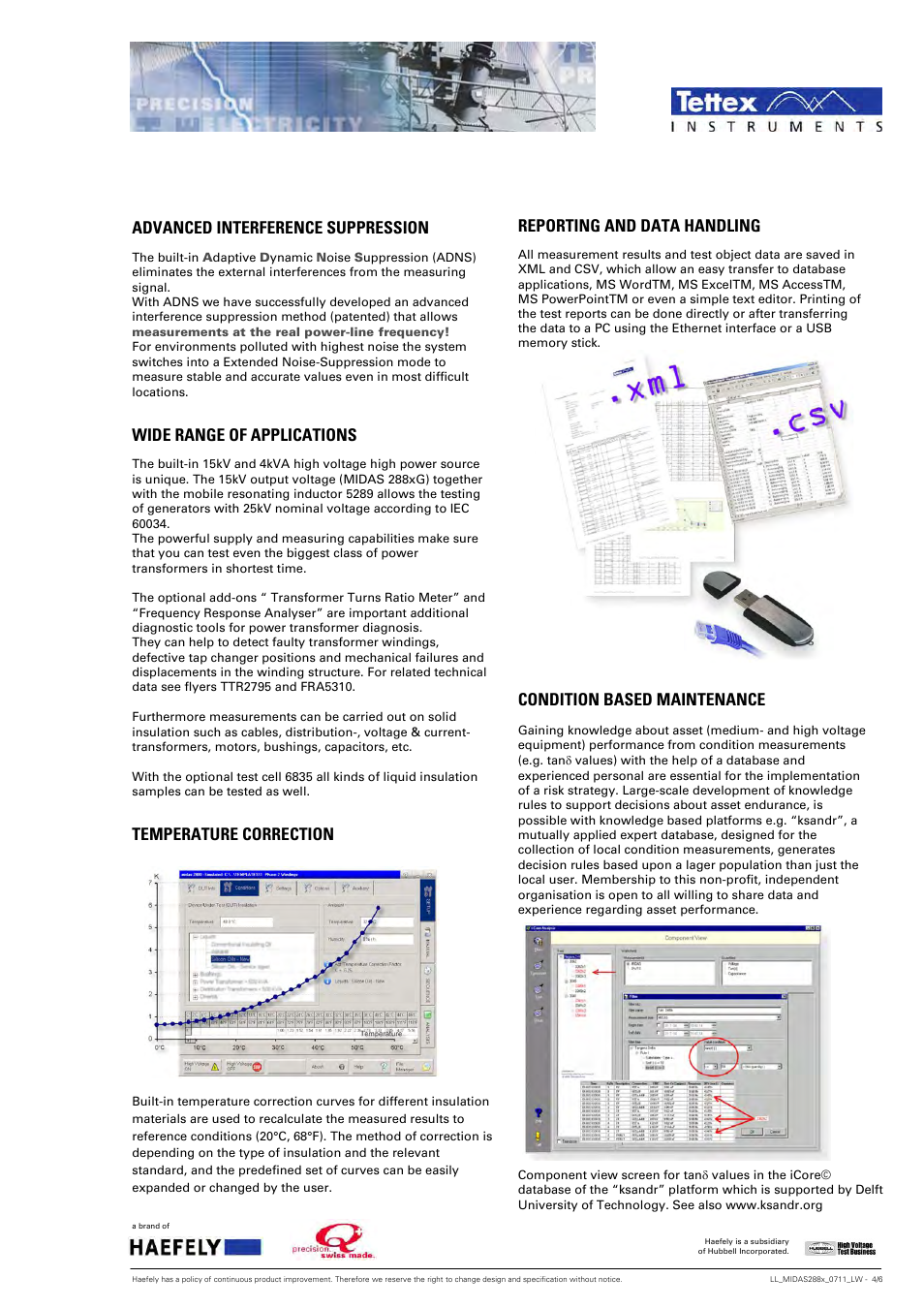 Advanced interference suppression, Wide range of applications, Temperature correction | Reporting and data handling, Condition based maintenance | Atec Tettex-MIDAS-288x Series User Manual | Page 4 / 6