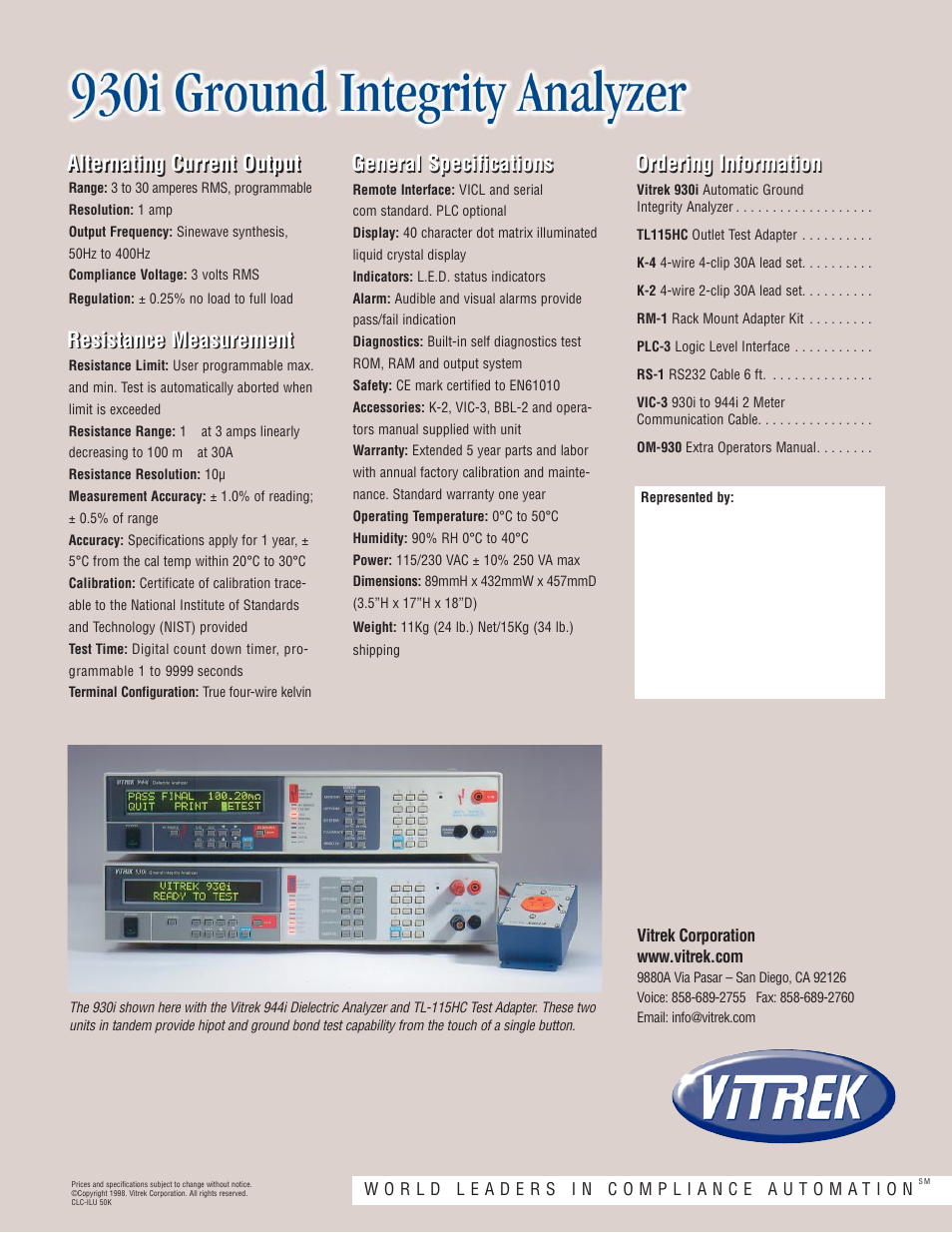 Alternating current output, Resistance measurement, General specifications | Ordering information | Atec Vitrek-930i User Manual | Page 2 / 2