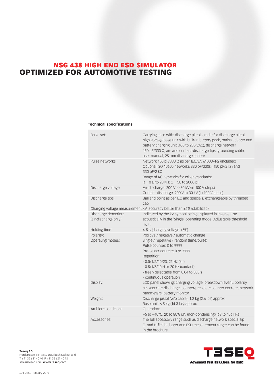 Teseq-schaffner-nsg438_specs.pdf, Optimized for automotive testing, Nsg 438 high end esd simulator | Atec Teseq-Schaffner-NSG438 User Manual | Page 2 / 2