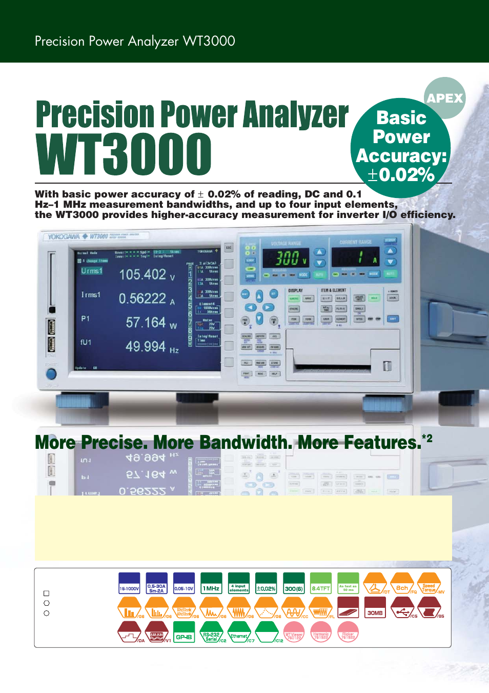 More precise. more bandwidth. more features, Basic power accuracy: ± 0.02, Precision power analyzer wt3000 | Precision and stability, Apex, Features | Atec Yokogawa-WT3000 User Manual | Page 2 / 20