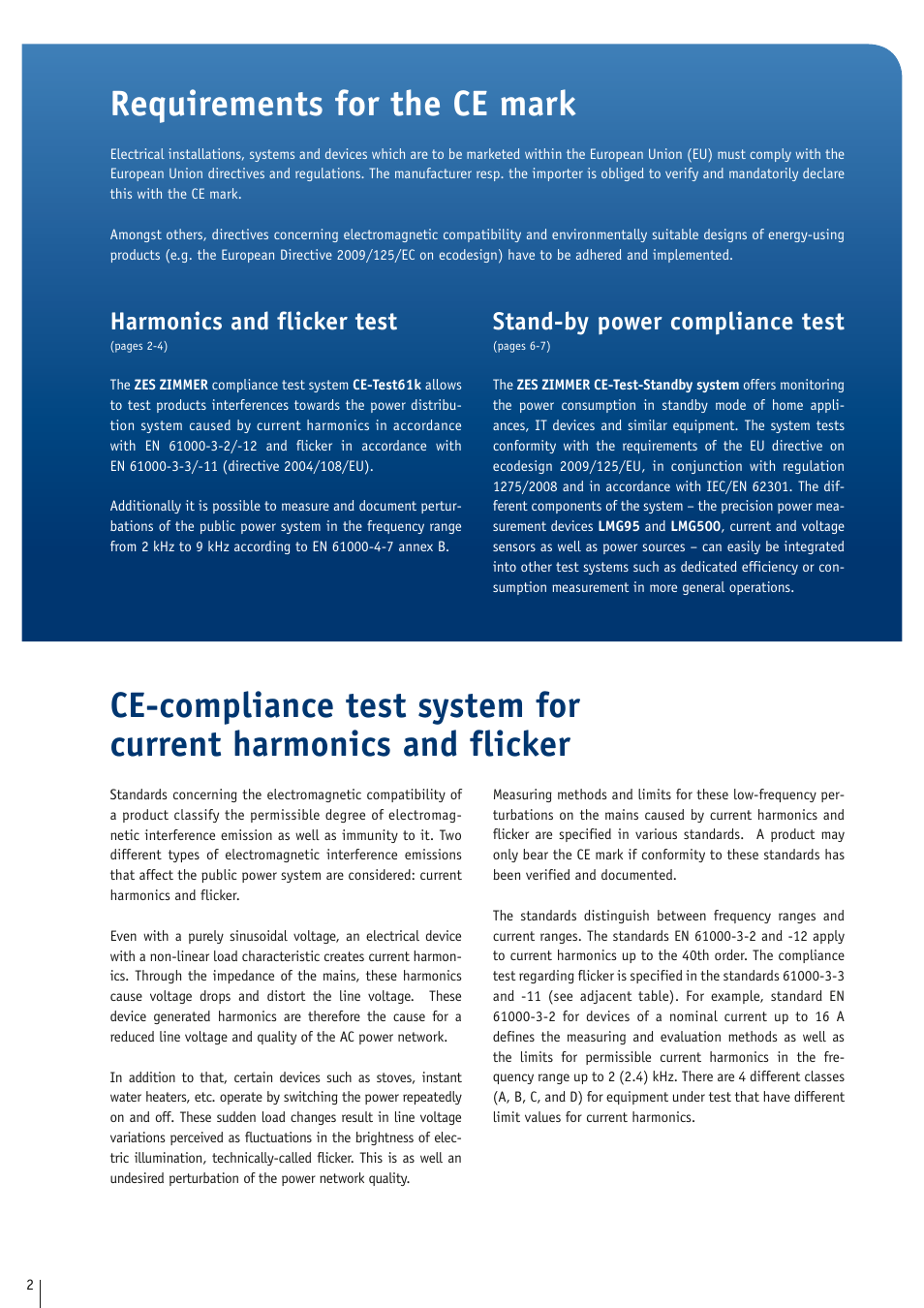Requirements for the ce mark, Harmonics and flicker test, Stand-by power compliance test | Atec Zimmer-CEtest61k User Manual | Page 2 / 8