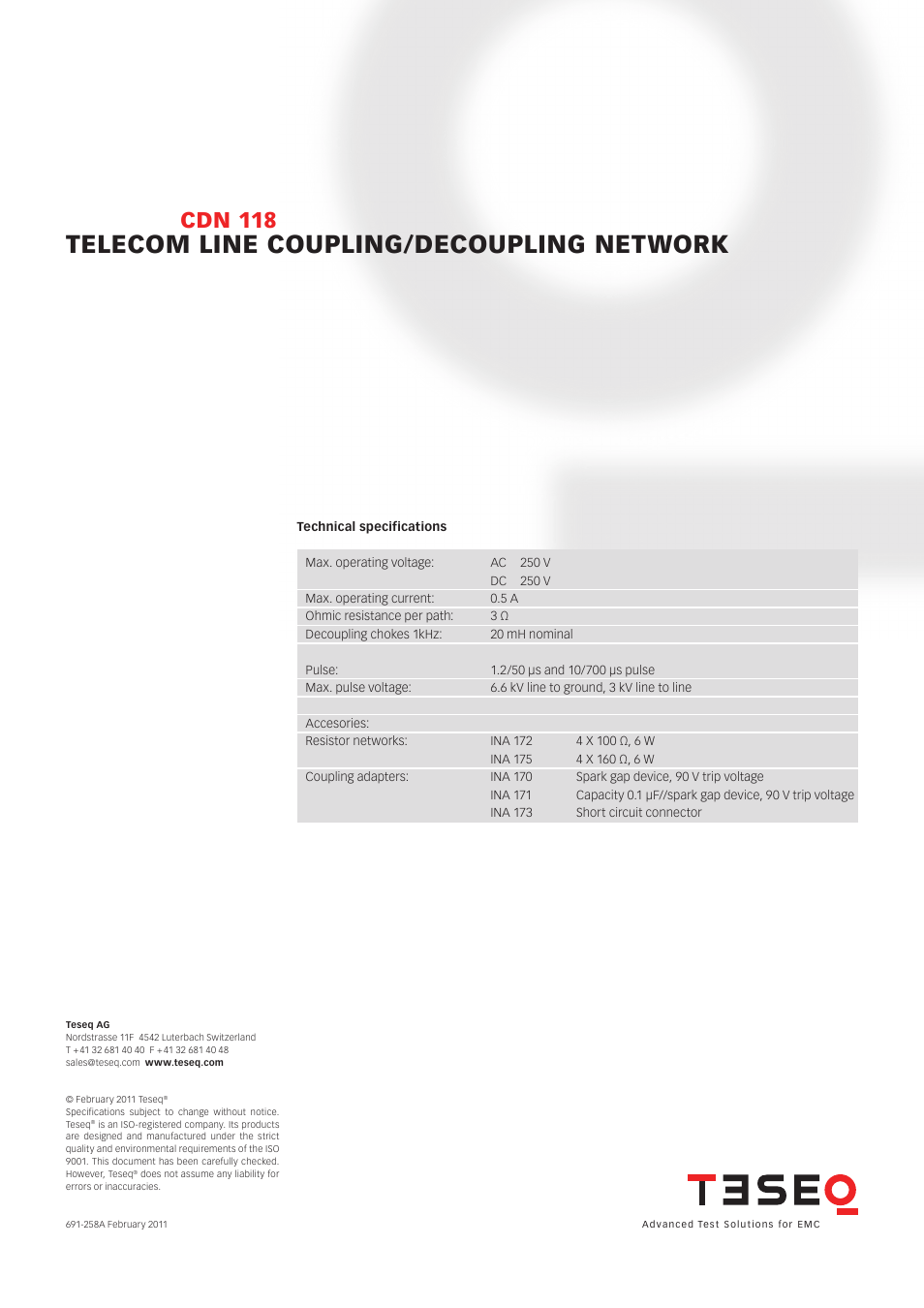 Telecom line coupling/decoupling network, Cdn 118 | Atec Teseq-CDN_118 User Manual | Page 2 / 2