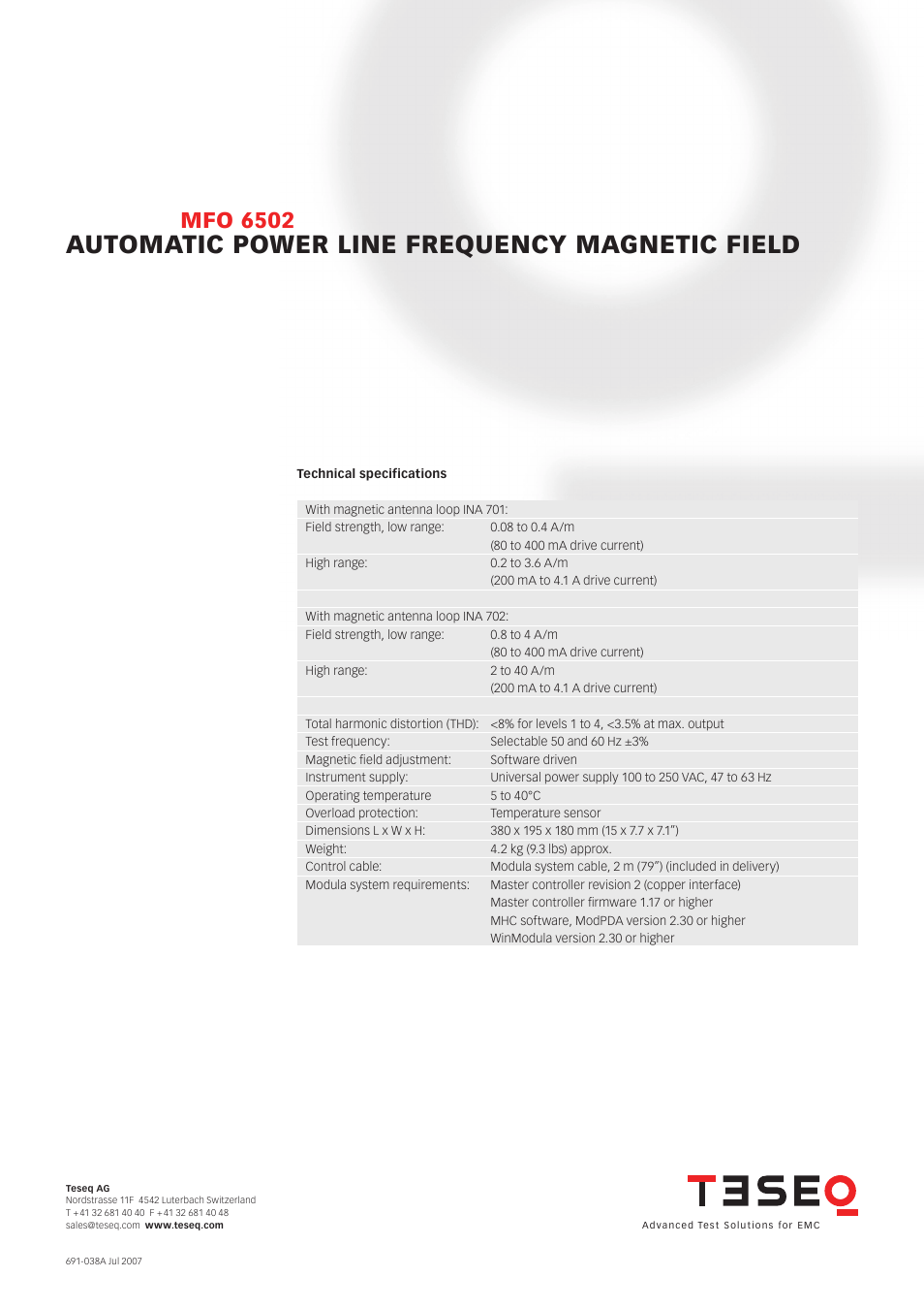 Automatic power line frequency magnetic field, Mfo 6502 | Atec Teseq-MFO-6502 User Manual | Page 2 / 2