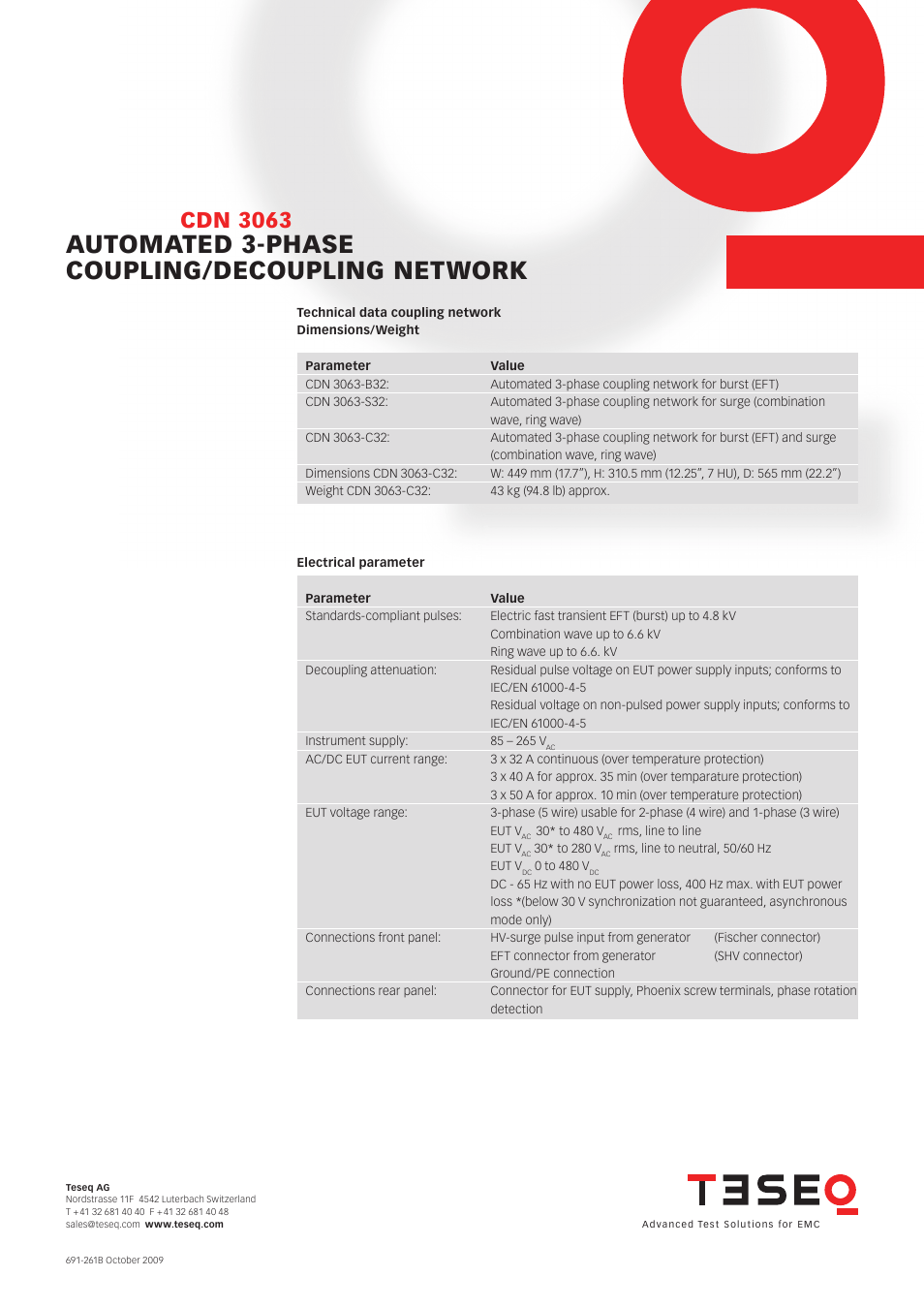 Automated 3-phase coupling/decoupling network, Cdn 3063 | Atec Teseq-Schaffner-CDN3063 User Manual | Page 2 / 2