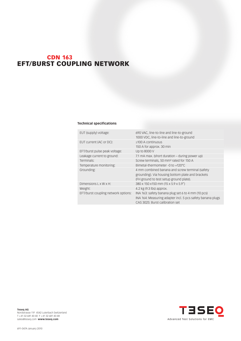 Eft/burst coupling network, Cdn 163 | Atec Teseq-CDN 163 User Manual | Page 2 / 2