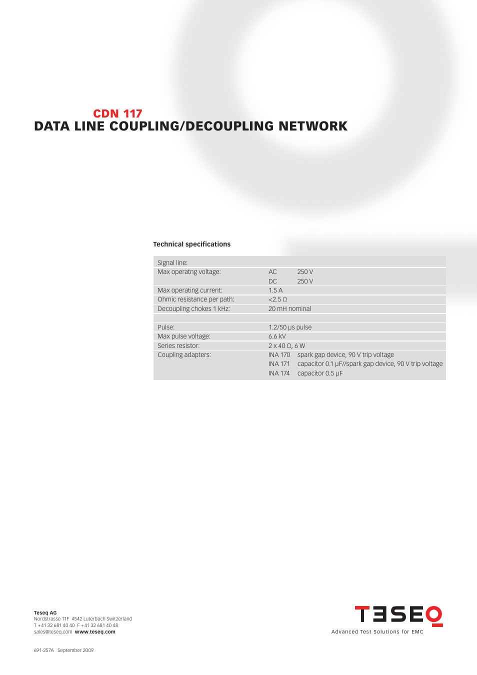 Data line coupling/decoupling network, Cdn 117 | Atec Teseq-Schaffner-CDN117 User Manual | Page 2 / 2