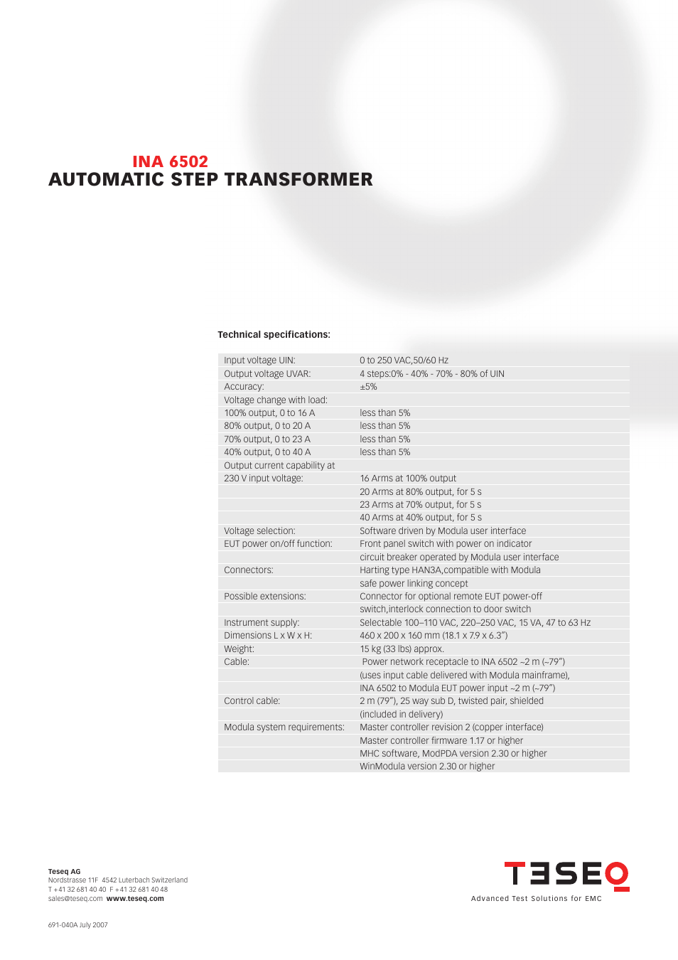 Automatic step transformer, Ina 6502 | Atec Teseq-Schaffner-INA6502 User Manual | Page 2 / 2