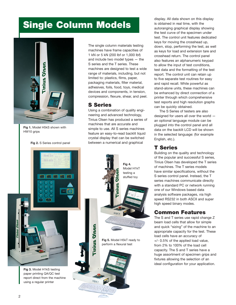 Single column models, S series, T series | Common features | Atec Tinius-Olsen-H1KS User Manual | Page 2 / 8