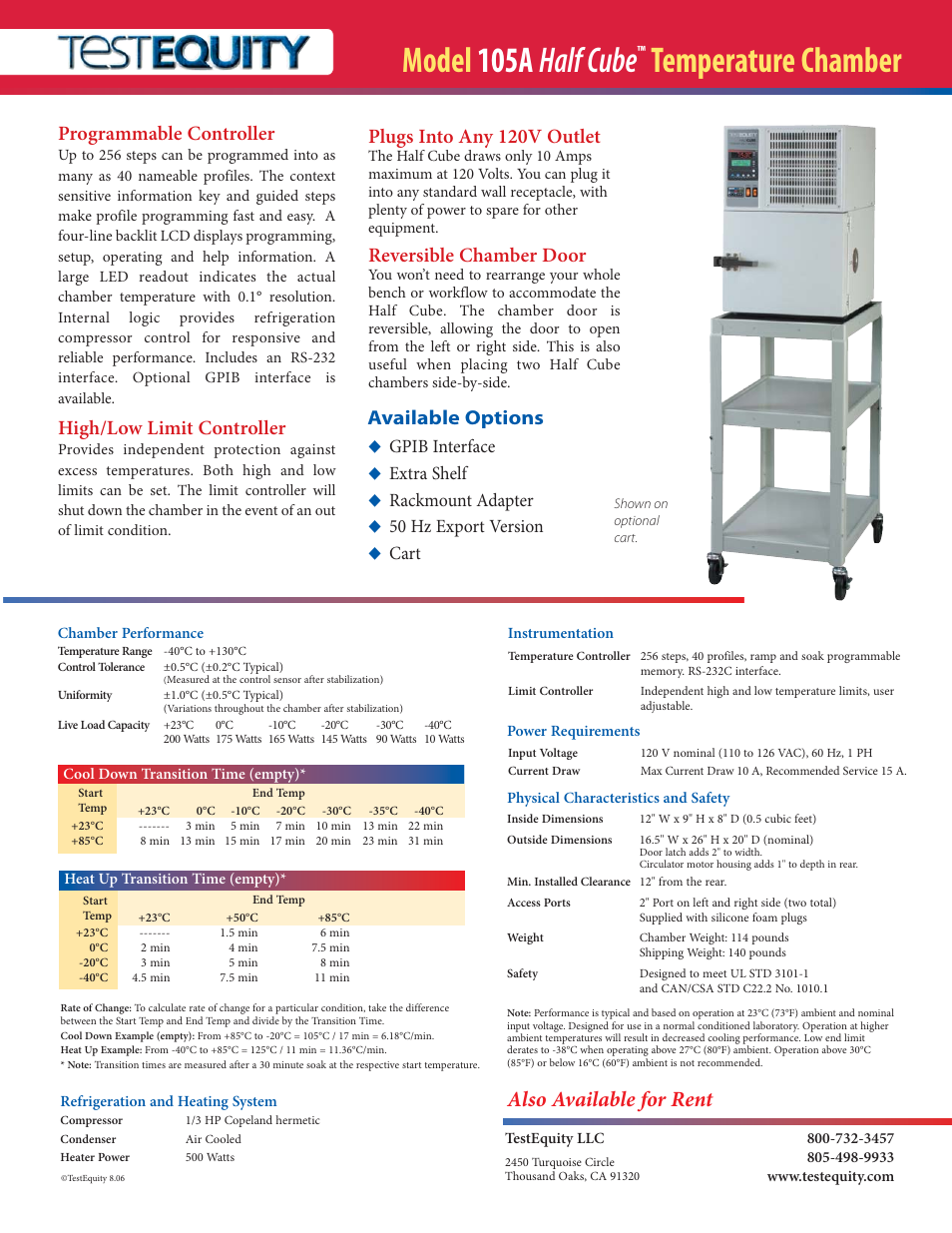 Model 105a half cube, Temperature chamber, Also available for rent | Programmable controller, High/low limit controller, Plugs into any 120v outlet, Reversible chamber door, Available options | Atec TestEquity-105A User Manual | Page 2 / 2