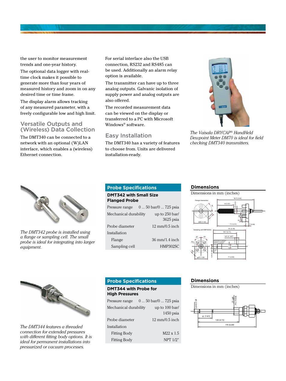 Versatile outputs and (wireless) data collection, Easy installation, Dimensions | Probe specifications, The vaisala drycap, Software, Dmt342 with small size flanged probe, Dmt344 with probe for high pressures, Dimensions in mm (inches) | Atec Vaisala-DMT348 User Manual | Page 2 / 5