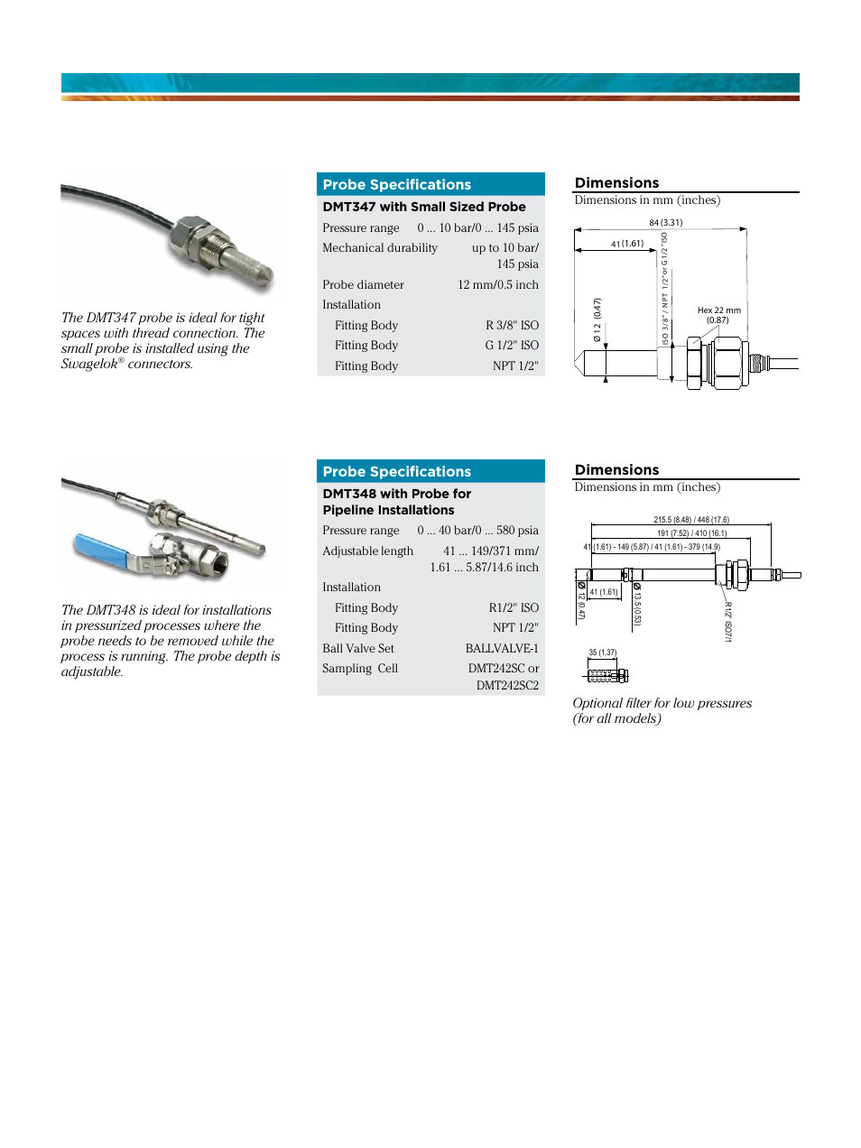 Dimensions, Probe specifications | Atec Vaisala-DMT348 User Manual | Page 3 / 5