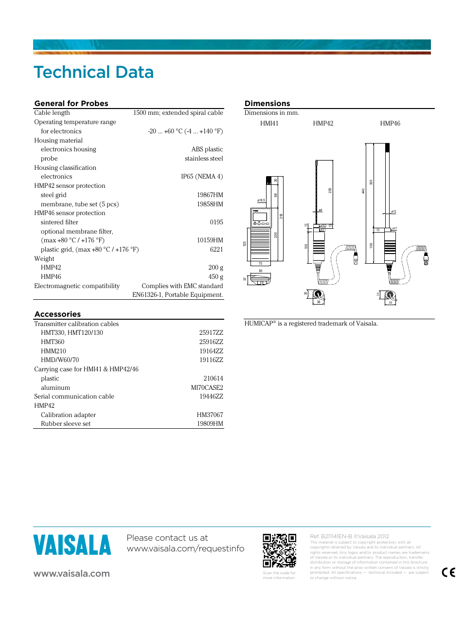 Technical data, Accessories, General for probes | Dimensions | Atec Vaisala-HMI41SETB5B User Manual | Page 3 / 3
