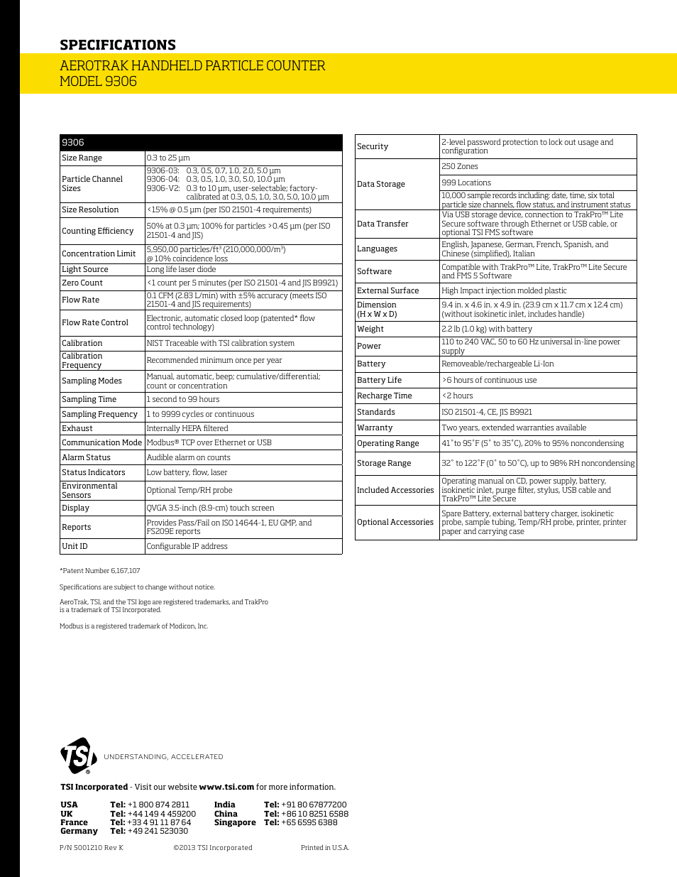 Specifications, Aerotrak handheld particle counter model 9306 | Atec TSI-AeroTrak-9306 User Manual | Page 2 / 2