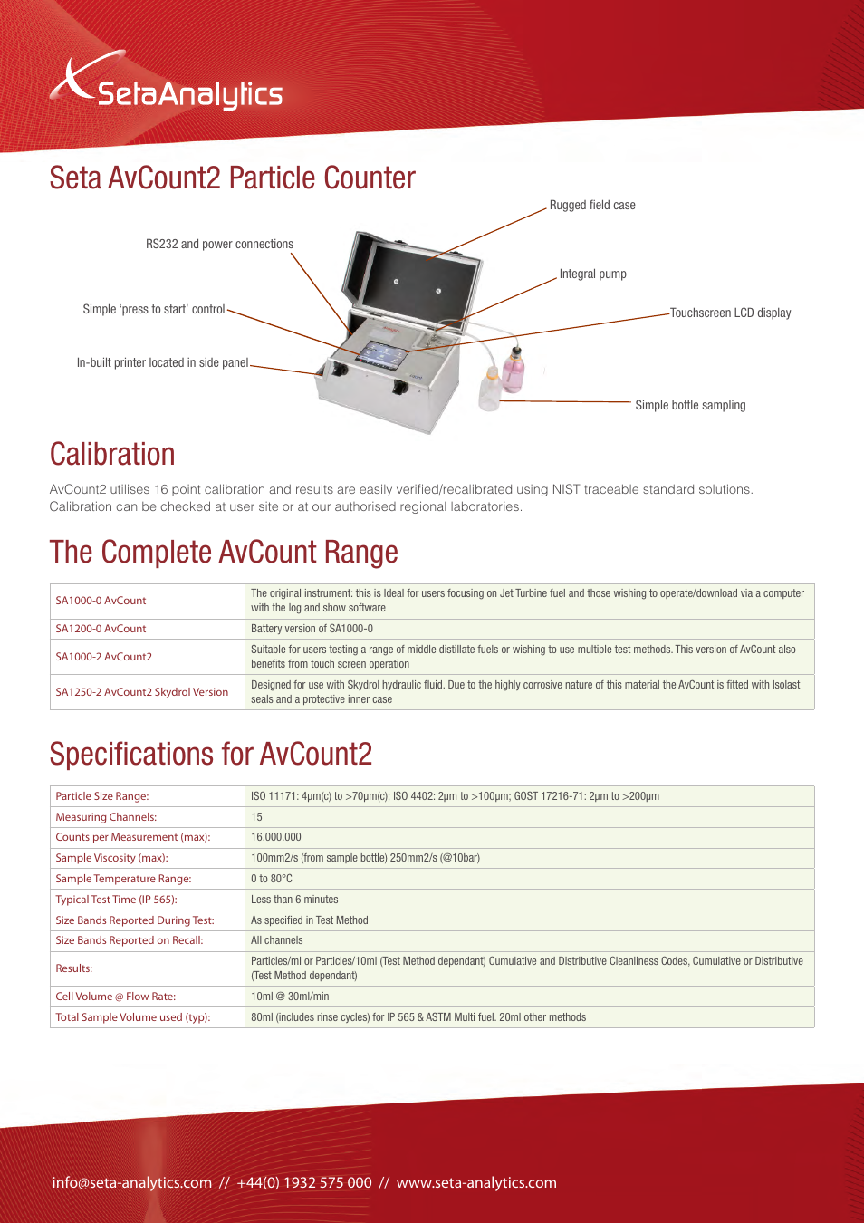 Seta avcount2 particle counter calibration, The complete avcount range, Specifications for avcount2 | Atec StanhopeSeta-Avcount2 User Manual | Page 4 / 4