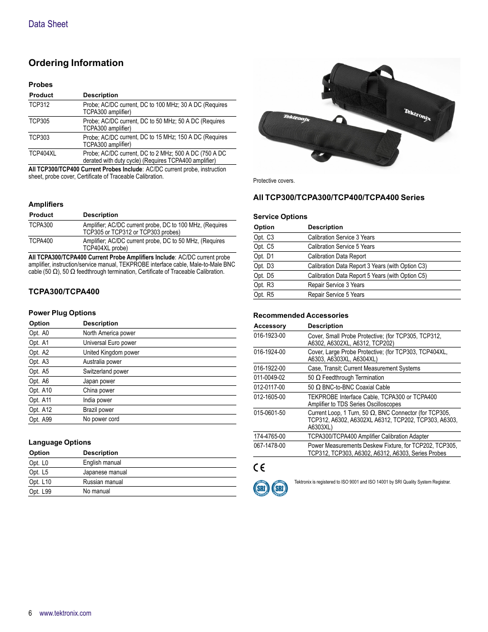 Ordering information, Tcpa300/tcpa400, All tcp300/tcpa300/tcp400/tcpa400 series | Data sheet ordering information | Atec Tektronix-TCPA Series User Manual | Page 6 / 8