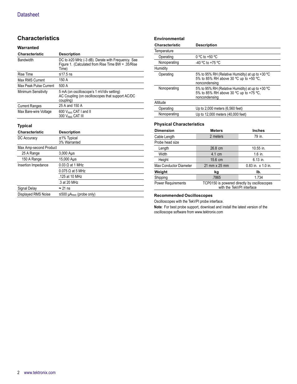 Characteristics, Recommended oscilloscopes, Datasheet characteristics | Atec Tektronix-TCP0150 User Manual | Page 2 / 4