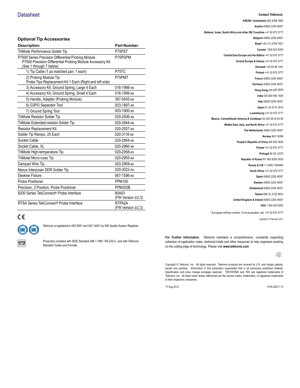 Datasheet | Atec Tektronix-P7516 User Manual | Page 8 / 8