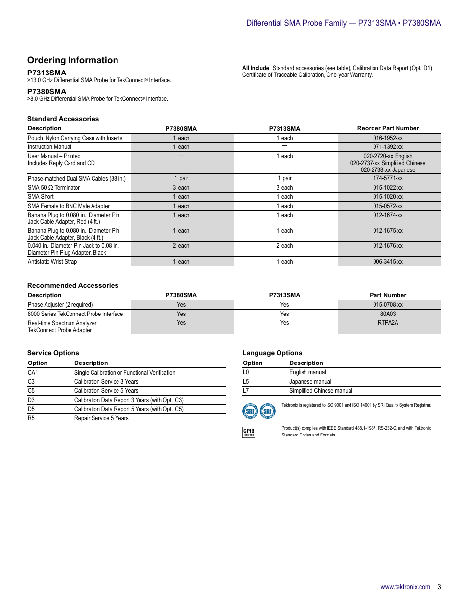 Ordering information, P7313sma, P7380sma | Atec Tektronix-P7313SMA-P7380SMA User Manual | Page 3 / 4