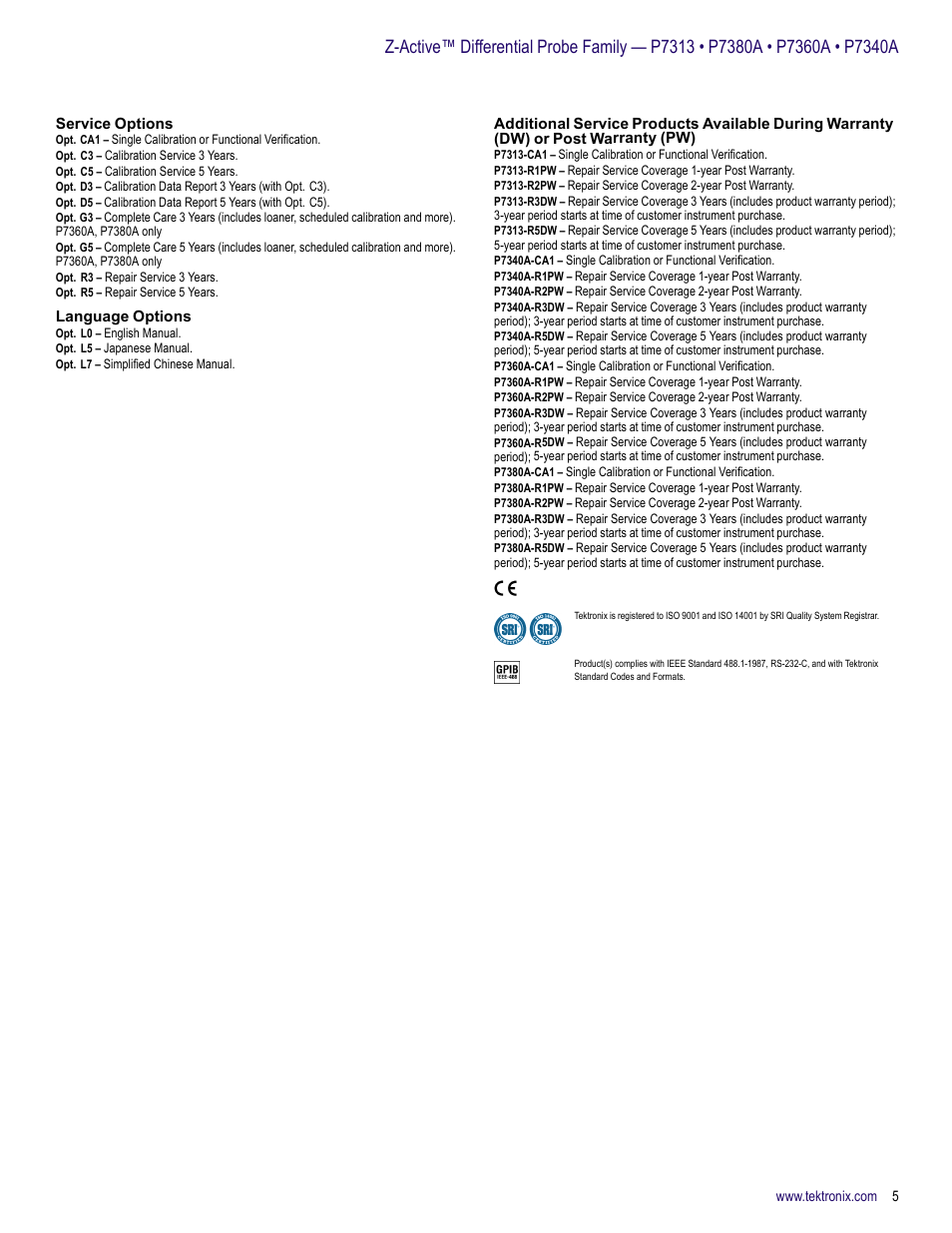 Service options, Language options | Atec Tektronix-P7380A User Manual | Page 5 / 8