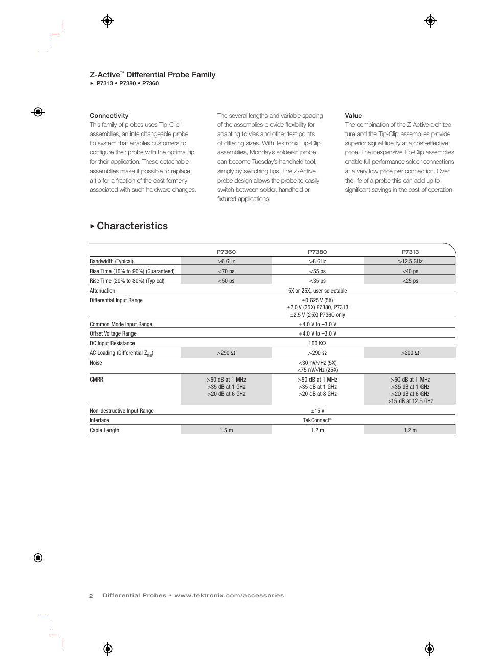 Characteristics, Z-active, Differential probe family | Atec Tektronix-P7360 User Manual | Page 2 / 4