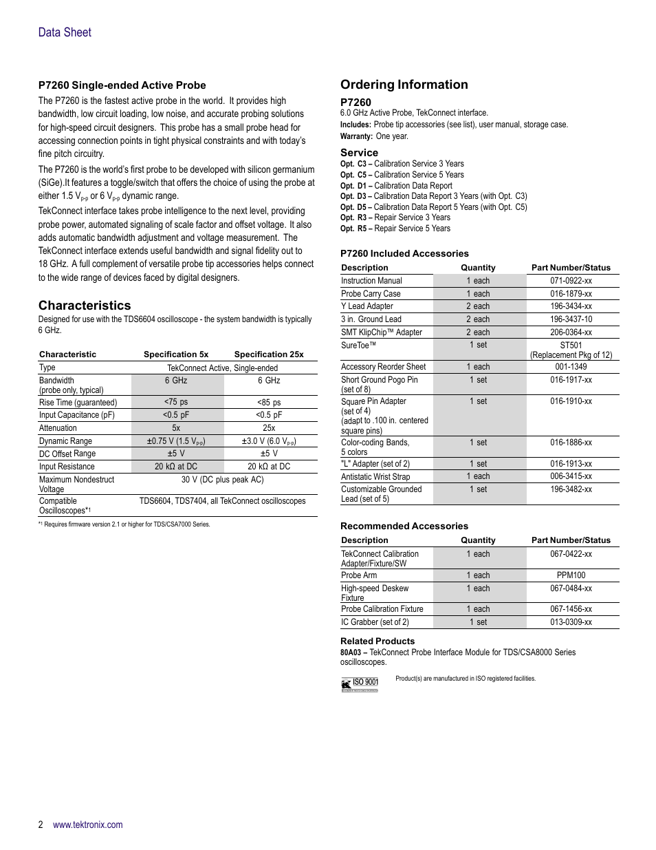 P7260 single-ended active probe, Characteristics, Ordering information | P7260, Service, Related products, Data sheet | Atec Tektronix-P7260 User Manual | Page 2 / 4