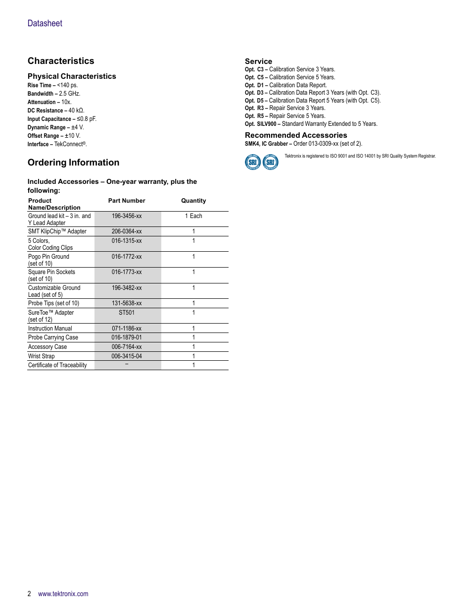 Characteristics, Physical characteristics, Ordering information | Service, Recommended accessories, Datasheet characteristics | Atec Tektronix-P7225 User Manual | Page 2 / 4