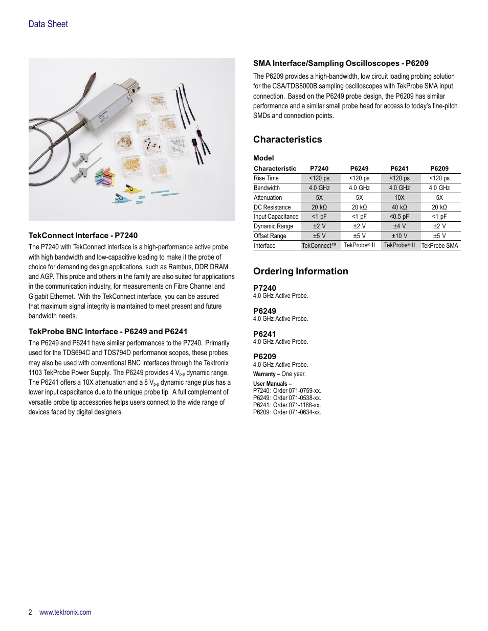 Tekconnect interface - p7240, Tekprobe bnc interface - p6249 and p6241, Sma interface/sampling oscilloscopes - p6209 | Characteristics, Ordering information, P7240, P6249, P6241, P6209, Data sheet | Atec Tektronix-P6209 User Manual | Page 2 / 6