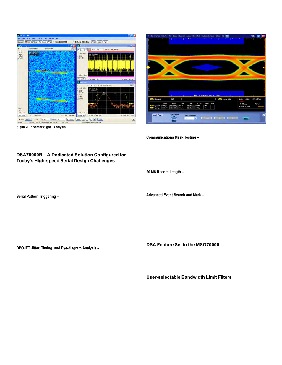 Dsa feature set in the mso70000, User-selectable bandwidth limit filters, Data sheet | Atec Tektronix-MSO7000 Series User Manual | Page 10 / 28