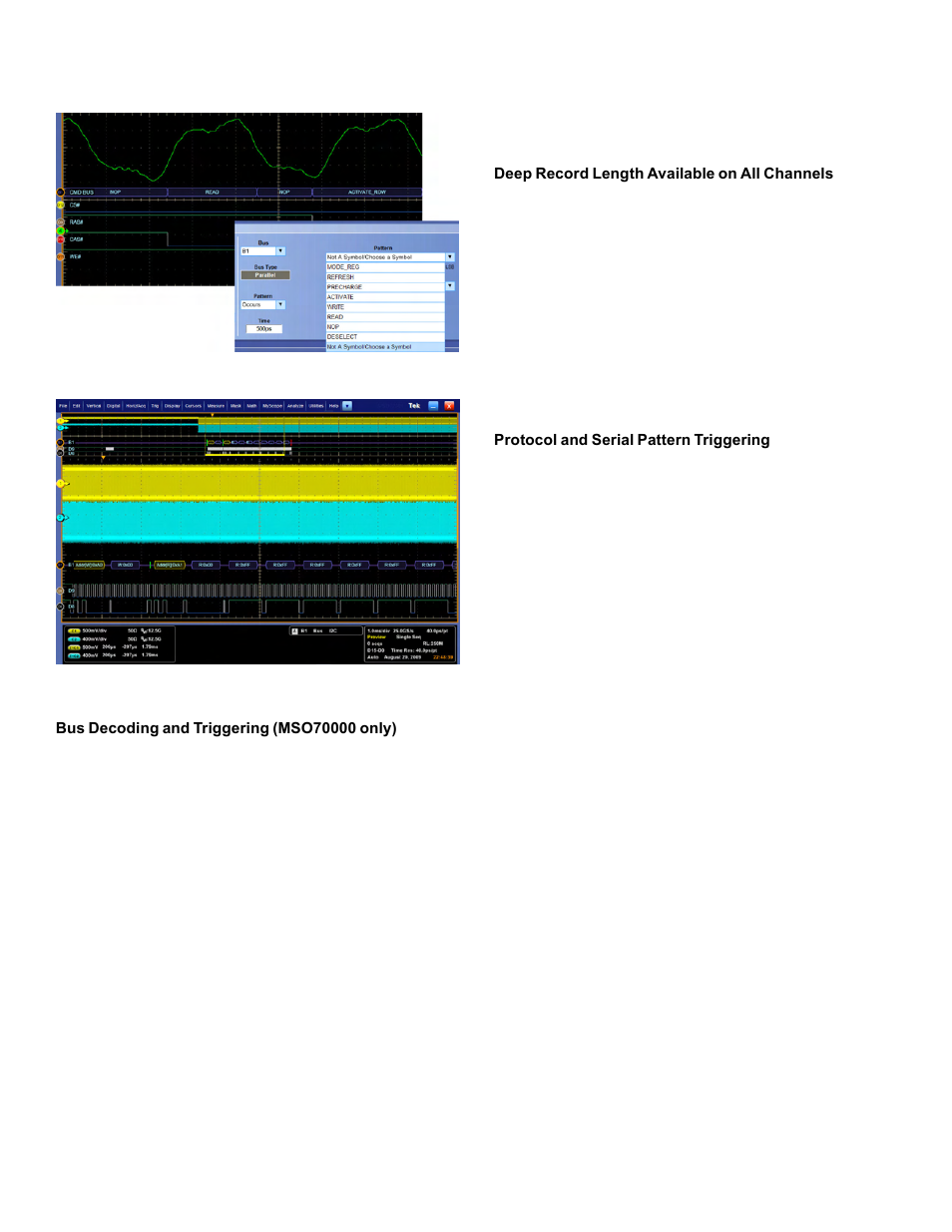 Bus decoding and triggering (mso70000 only), Deep record length available on all channels, Protocol and serial pattern triggering | Data sheet | Atec Tektronix-MSO7000 Series User Manual | Page 4 / 28