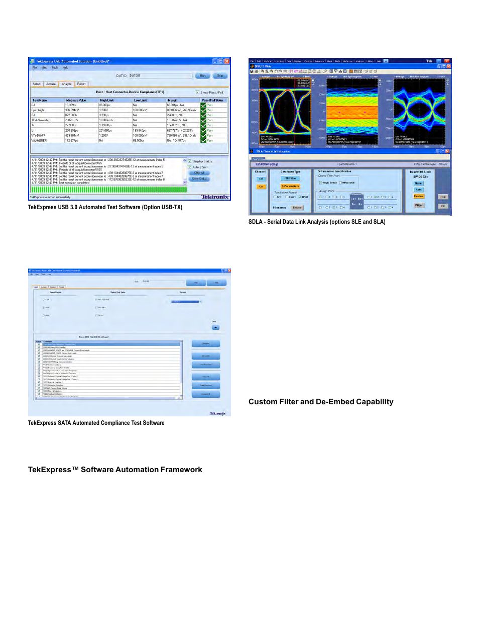 Tekexpress™ software automation framework, Custom filter and de-embed capability, Data sheet | Atec Tektronix-MSO7000 Series User Manual | Page 6 / 28