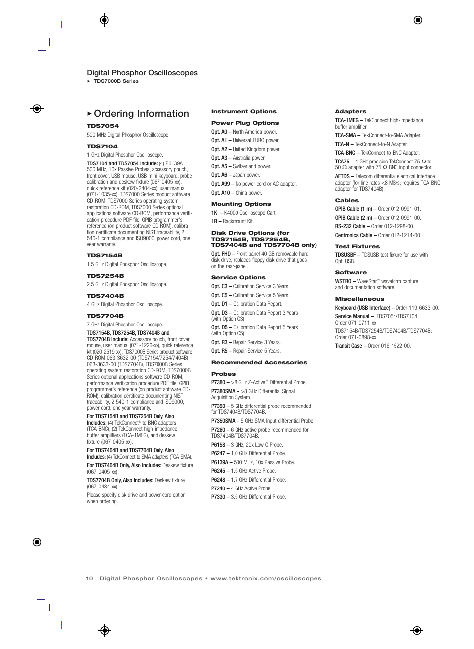 Ordering information, Digital phosphor oscilloscopes | Atec Tektronix-TDS7000B Series User Manual | Page 10 / 12