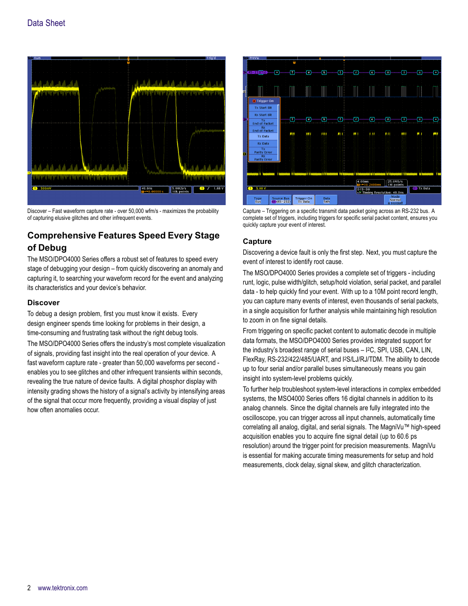 Comprehensive features speed every stage of debug, Discover, Capture | Data sheet | Atec Tektronix-MSO4000 Series User Manual | Page 2 / 20