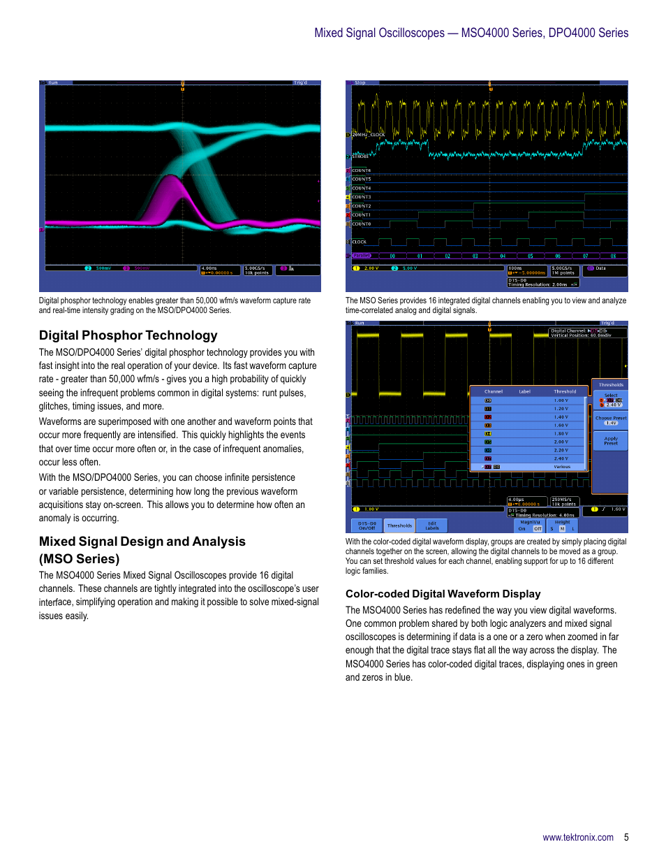 Digital phosphor technology, Mixed signal design and analysis (mso series), Color-coded digital waveform display | Atec Tektronix-MSO4000 Series User Manual | Page 5 / 20