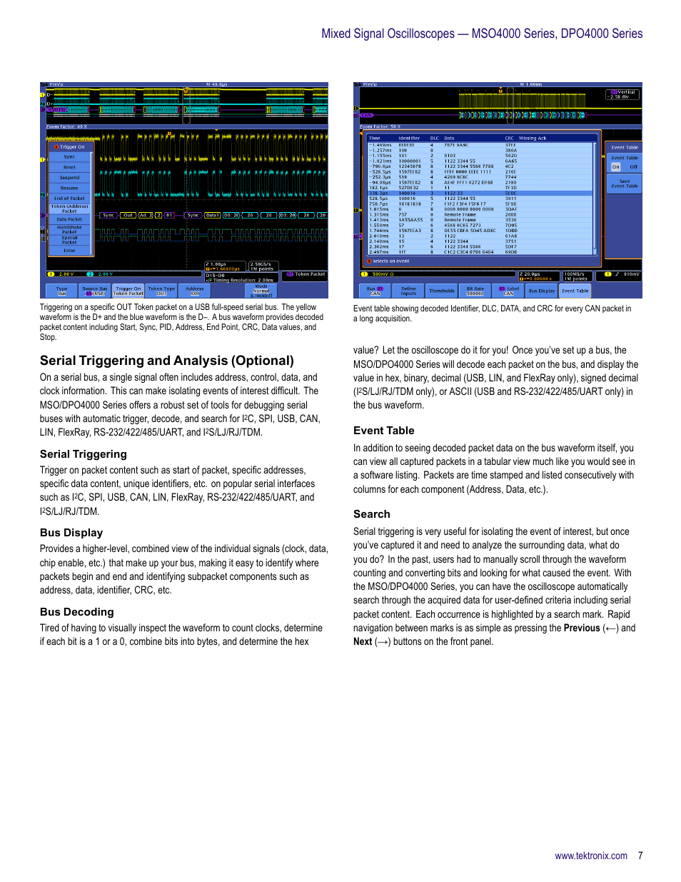 Serial triggering and analysis (optional), Serial triggering, Bus display | Bus decoding, Event table, Search | Atec Tektronix-MSO4000 Series User Manual | Page 7 / 20