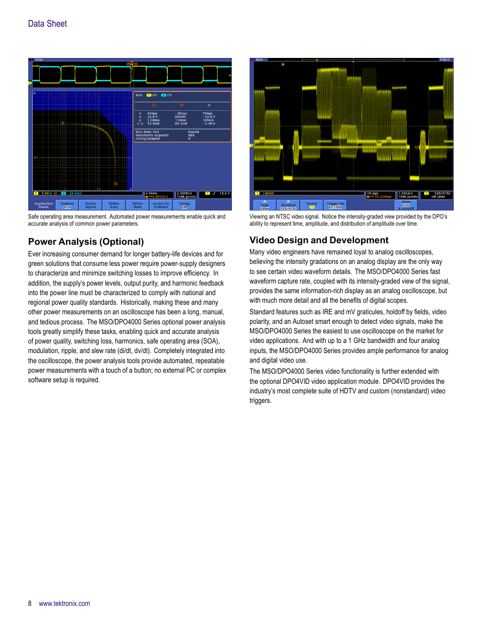 Power analysis (optional), Video design and development, Data sheet | Atec Tektronix-MSO4000 Series User Manual | Page 8 / 20