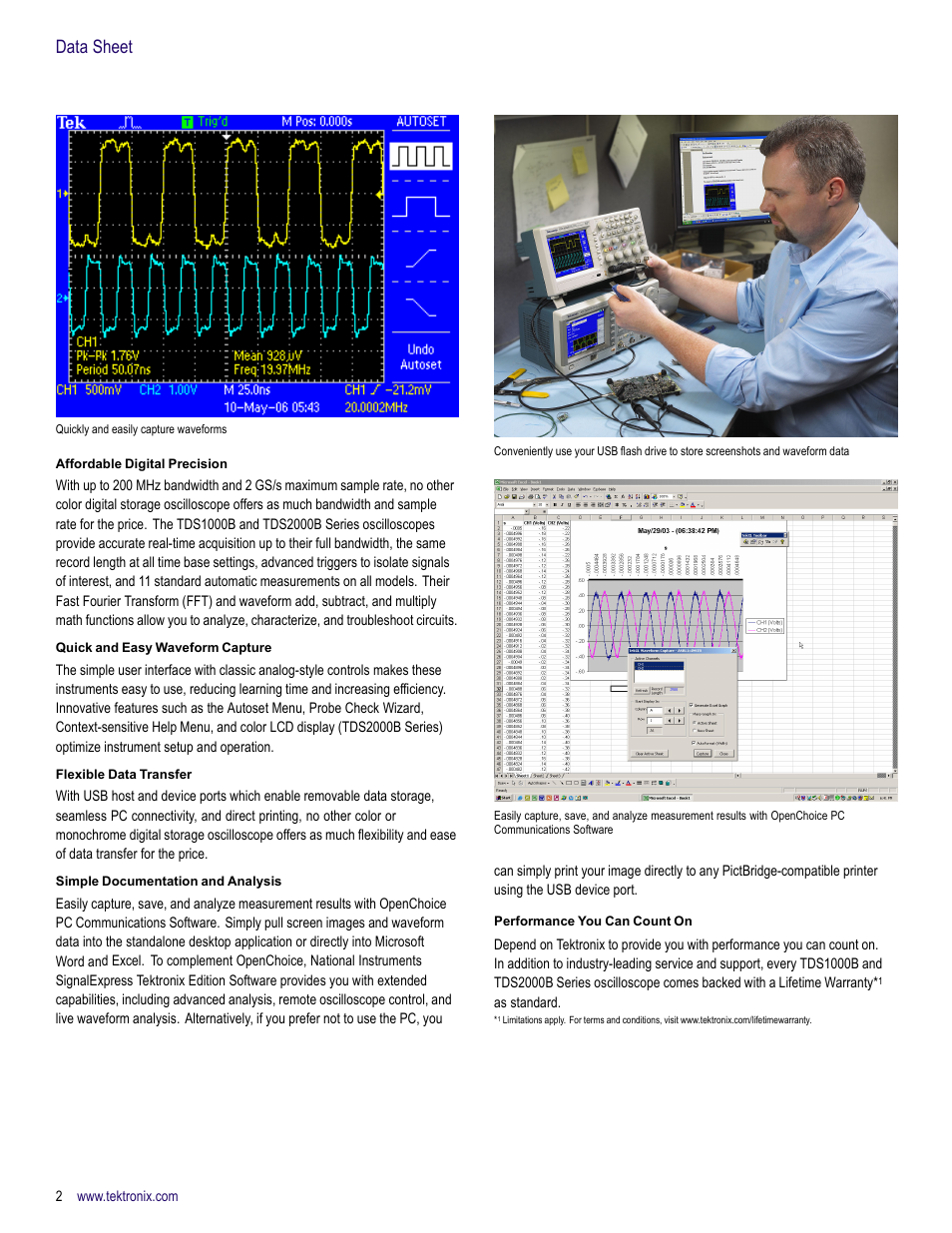 Affordable digital precision, Quick and easy waveform capture, Flexible data transfer | Simple documentation and analysis, Performance you can count on, Data sheet | Atec Tektronix-TDS1000B-2000B Series User Manual | Page 2 / 8