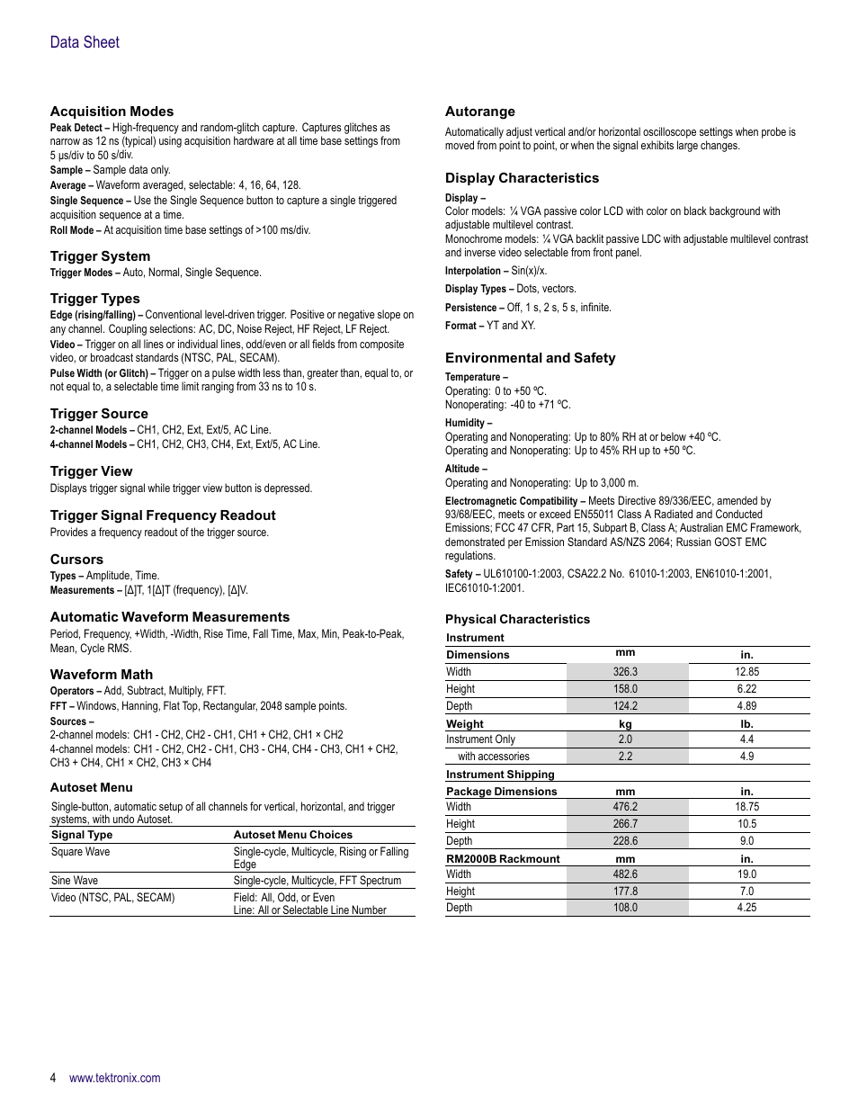 Acquisition modes, Trigger system, Trigger types | Trigger source, Trigger view, Trigger signal frequency readout, Cursors, Automatic waveform measurements, Waveform math, Autorange | Atec Tektronix-TDS1000B-2000B Series User Manual | Page 4 / 8