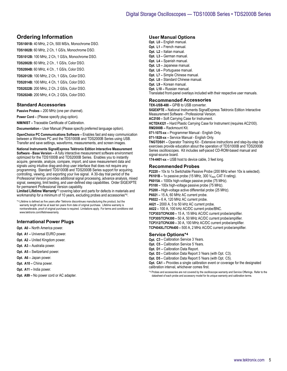 Ordering information, Standard accessories, International power plugs | User manual options, Recommended accessories, Recommended probes, Service options* 4 | Atec Tektronix-TDS1000B-2000B Series User Manual | Page 5 / 8