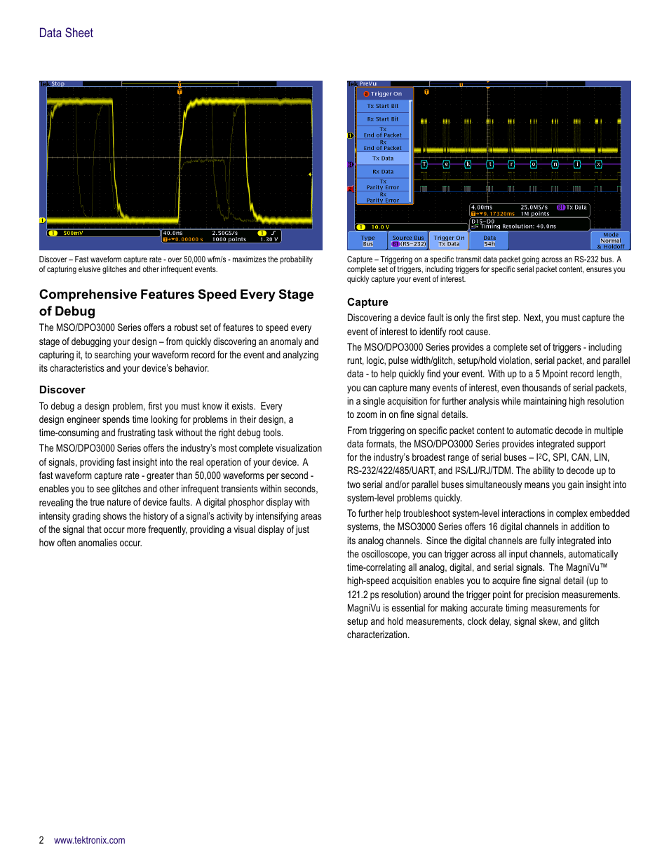 Comprehensive features speed every stage of debug, Discover, Capture | Data sheet | Atec Tektronix-DPO3000 Series User Manual | Page 2 / 18