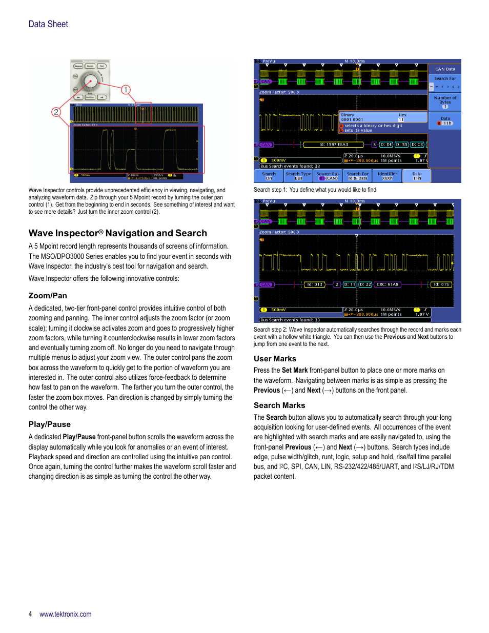 Wave inspector ® navigation and search, Zoom/pan, Play/pause | User marks, Search marks, Data sheet, Wave inspector, Navigation and search | Atec Tektronix-DPO3000 Series User Manual | Page 4 / 18