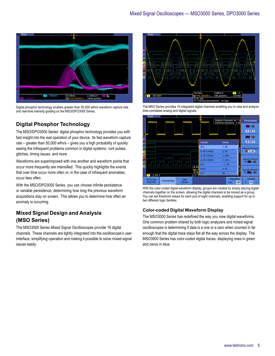 Digital phosphor technology, Mixed signal design and analysis (mso series), Color-coded digital waveform display | Atec Tektronix-DPO3000 Series User Manual | Page 5 / 18